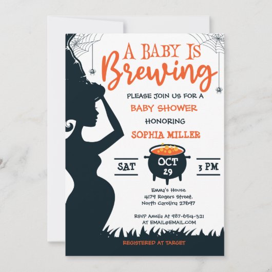 ベビーがハロウィーン魔女の赤ちゃんシャワーを醸造している 招待状 (正面)