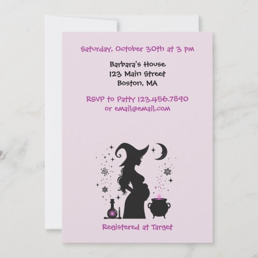 ベビーがハロウィーン魔女の赤ちゃんシャワーを醸造している 招待状 (裏面)