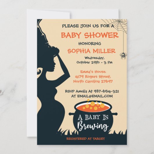 ベビーがハロウィーン魔女の赤ちゃんシャワーを醸造している 招待状 (正面)