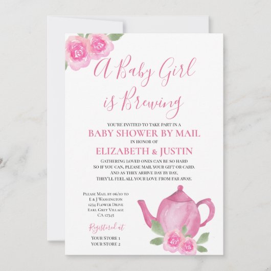 ベビーがピンクのティーポットのベビーシャワーをメールで浴びる 招待状 (正面)