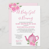 ベビーがピンクのティーポットのベビーシャワーをメールで浴びる 招待状 (正面/裏面)