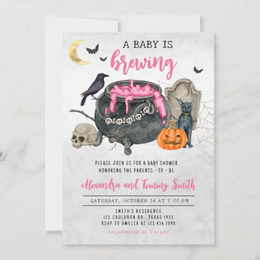 ベビーがピンクのハロウィーンの赤ちゃんシャワーを醸造している 招待状 (正面)