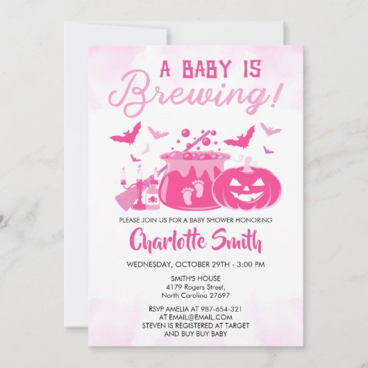 ベビーがピンクのハロウィーンの赤ちゃんシャワー女の子を醸造している 招待状 (正面)