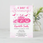 ベビーがピンクのハロウィーンの赤ちゃんシャワー女の子を醸造している 招待状 (スタンド正面)