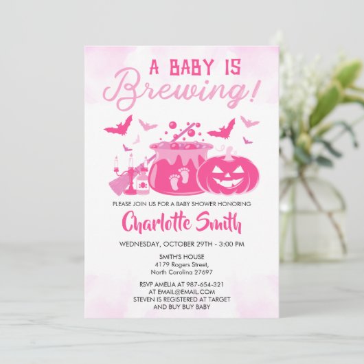 ベビーがピンクのハロウィーンの赤ちゃんシャワー女の子を醸造している 招待状 (スタンド正面)