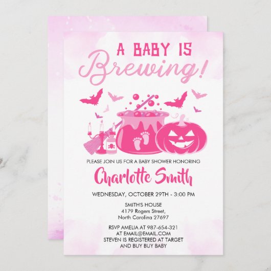 ベビーがピンクのハロウィーンの赤ちゃんシャワー女の子を醸造している 招待状 (正面/裏面)