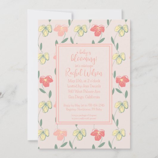 ベビーがピンクのパンジー赤ちゃんシャワーを咲かせている 招待状 (正面)