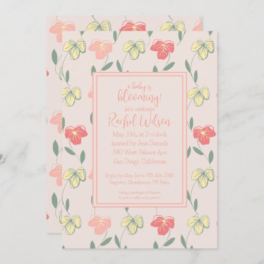 ベビーがピンクのパンジー赤ちゃんシャワーを咲かせている 招待状 (正面/裏面)
