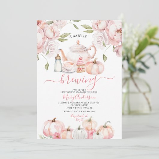 ベビーがピンクのフローラ茶パーティー赤ちゃんシャワーを醸造している 招待状 (スタンド正面)