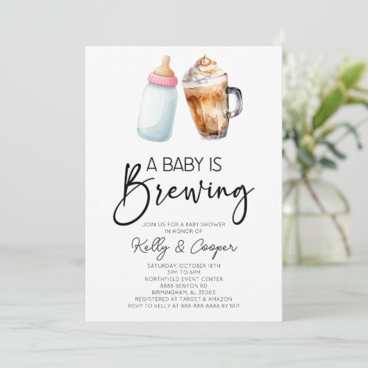 ベビーがピンクのボトルコーヒーベビーシャワーを醸造している 招待状 (スタンド正面)