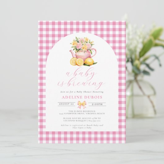 ベビーがピンクの花の赤ちゃんシャワーを醸造している 招待状 (スタンド正面)