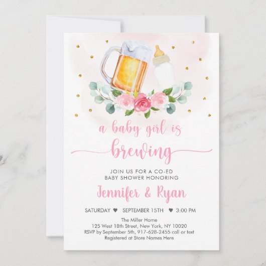 ベビーがピンクの金ゴールドフローラ赤ちゃんシャワーを醸造している 招待状 (正面)