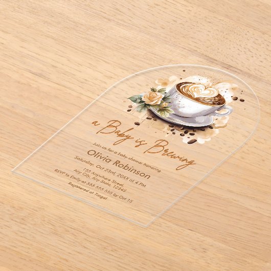 ベビーがブラウンコーヒーベビーシャワーを醸造している アクリル招待状 (レイダウン)