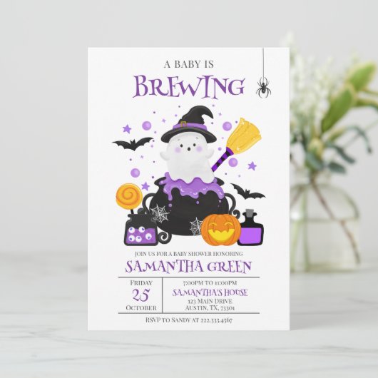 ベビーがブルーイング紫ハロウィーンの赤ちゃんシャワー 招待状 (スタンド正面)