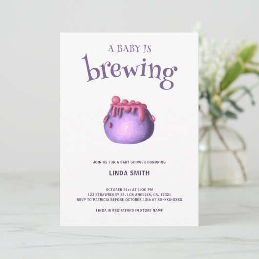 ベビーがブルーイング紫ハロウィーンの赤ちゃんシャワー 招待状 (スタンド正面)