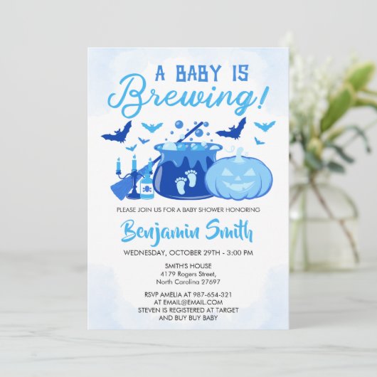 ベビーがブルーハロウィーン赤ちゃんシャワー少年を醸造している 招待状 (スタンド正面)