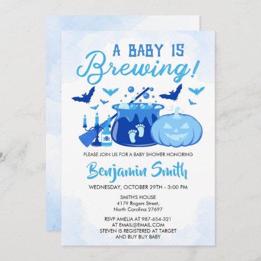ベビーがブルーハロウィーン赤ちゃんシャワー少年を醸造している 招待状 (正面/裏面)