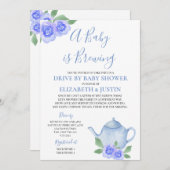 ベビーがベビーシャワーで青いティーポットのドライブを作る 招待状 (正面/裏面)