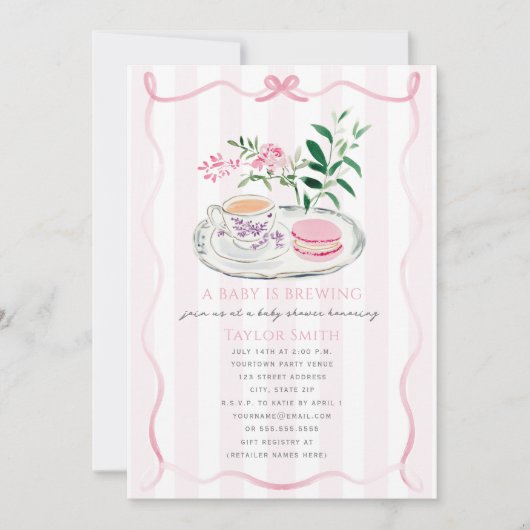 ベビーがマカロンファンシーピンクボウ茶パーティーを醸造している 招待状 (正面)