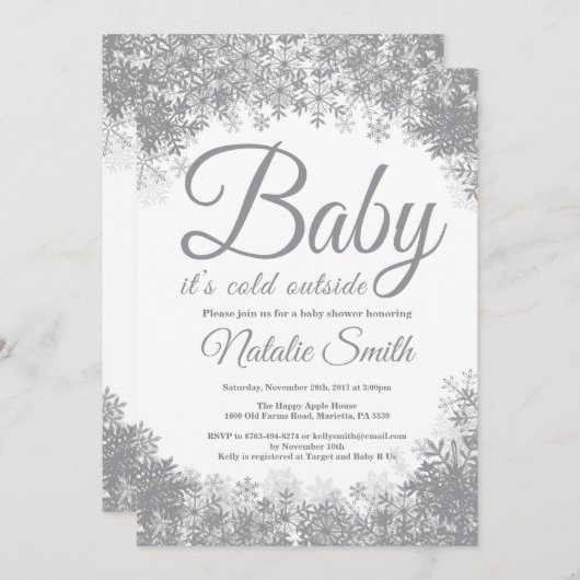 ベビーが冬の外で寒い雪片ベビーシャワー 招待状 (正面/裏面)