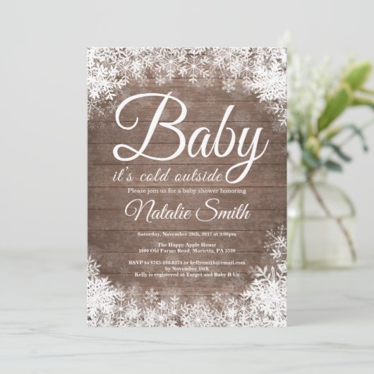 ベビーが冬の外で寒い雪片ベビーシャワー 招待状 (スタンド正面)