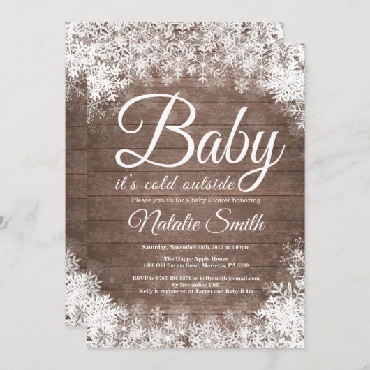 ベビーが冬の外で寒い雪片ベビーシャワー 招待状 (正面/裏面)