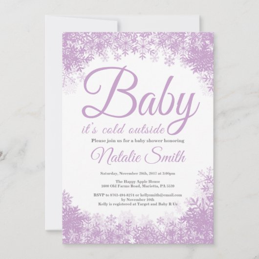 ベビーが冬の外で寒い雪片ベビーシャワー 招待状 (正面)