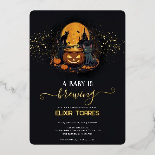 ベビーが可愛いハロウィーンの赤ちゃんシャワーホイルを醸造している 箔招待状 (正面)