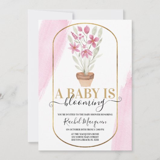 ベビーが咲いているフローラ水の色ベビーシャワー 招待状 (正面)