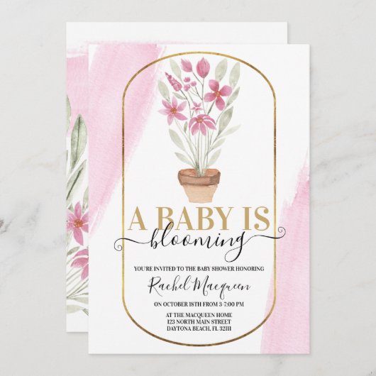 ベビーが咲いているフローラ水の色ベビーシャワー 招待状 (正面/裏面)