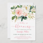 ベビーが咲いている赤面金ゴールドフローラベビーシャワー 招待状 (正面)