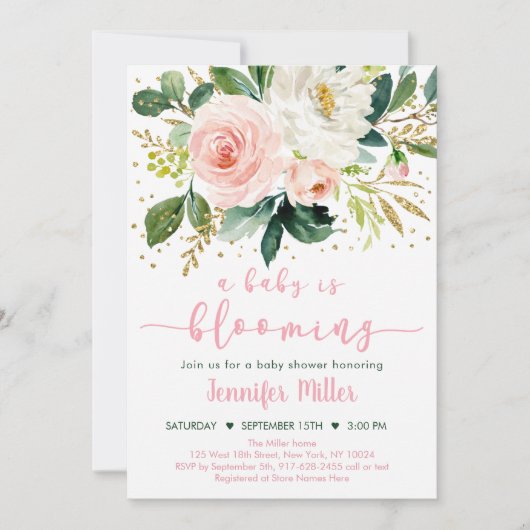 ベビーが咲いている赤面金ゴールドフローラベビーシャワー 招待状 (正面)