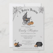 ベビーが灰色の赤ちゃん男女兼用シャワーを醸造している 招待状 (正面)