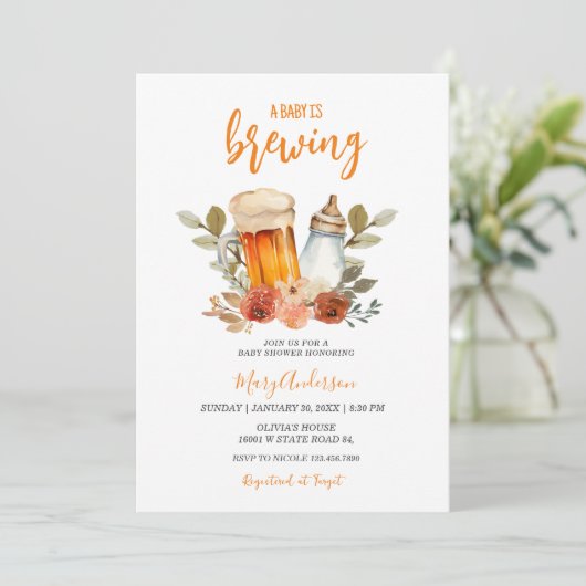 ベビーが焼けたオレンジ色のフローラの赤ちゃんシャワーを醸造している 招待状 (スタンド正面)