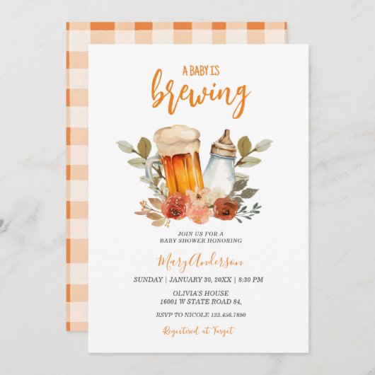 ベビーが焼けたオレンジ色のフローラの赤ちゃんシャワーを醸造している 招待状 (正面/裏面)