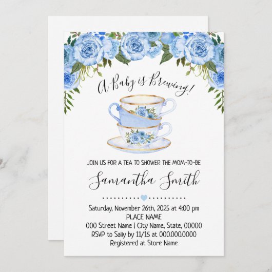 ベビーが紅茶の赤ちゃんシャワー青の招待状を醸造している シーズンカード (正面/裏面)