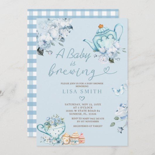 ベビーが紅茶パーティーの赤ちゃんシャワーを醸造している 招待状 (正面/裏面)