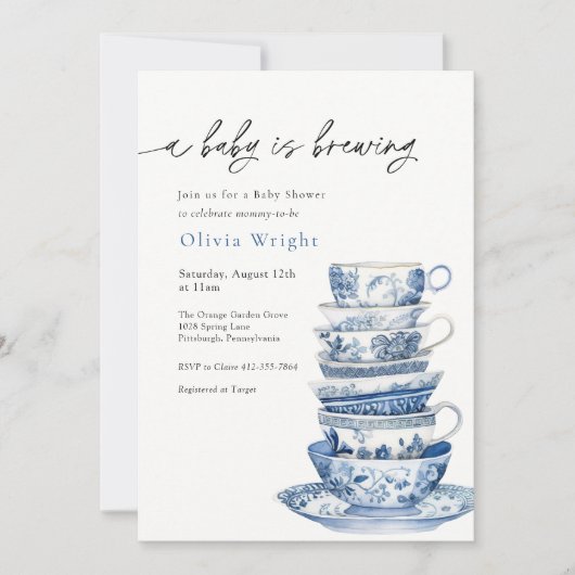 ベビーが紅茶パーティーの赤ちゃんシャワーを醸造している 招待状 (正面)