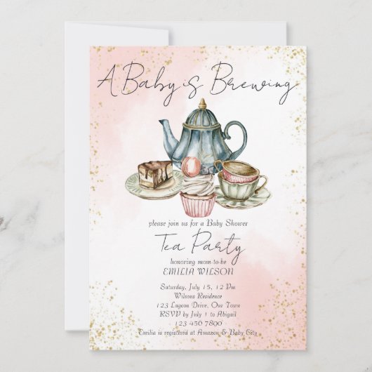 ベビーが紅茶パーティーの赤ちゃんシャワーを醸造している 招待状 (正面)