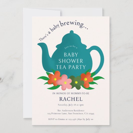 ベビーが紅茶パーティーの赤ちゃんシャワーを醸造している 招待状 (正面)