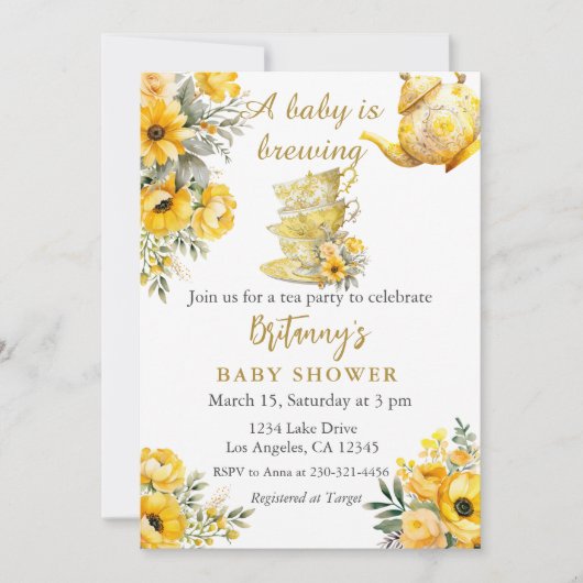 ベビーが紅茶パーティーの赤ちゃんシャワーを醸造している 招待状 (正面)