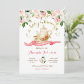 ベビーが紅茶パーティーを醸造している赤ちゃんシャワーピンクのバラ 招待状 (スタンド正面)