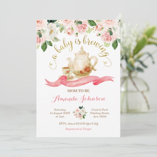 ベビーが紅茶パーティーを醸造している赤ちゃんシャワーピンクのバラ 招待状 (スタンド正面)