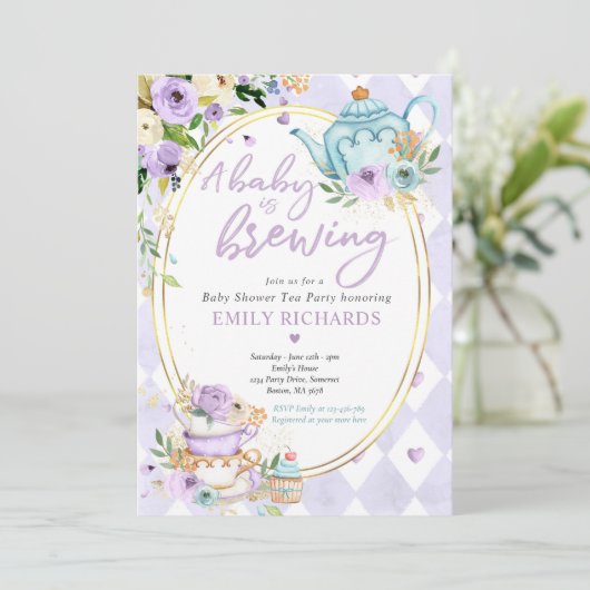 ベビーが紅茶パーティーベビーシャワー薄紫バラを醸造している 招待状 (スタンド正面)