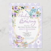 ベビーが紅茶パーティーベビーシャワー薄紫バラを醸造している 招待状 (正面/裏面)