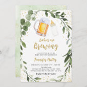 ベビーが緑のツインベビーシャワーを醸造している 招待状 (正面/裏面)