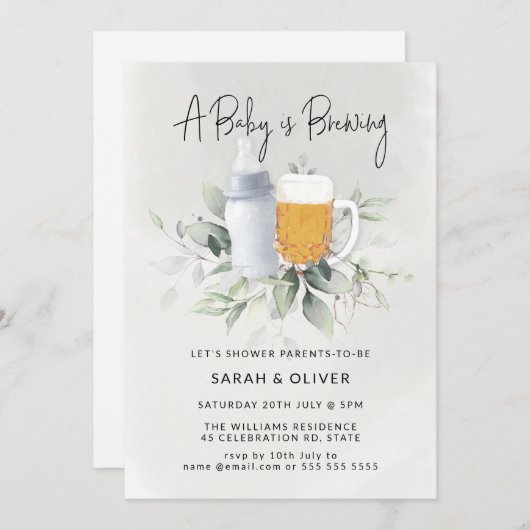 ベビーが緑の少年の赤ちゃんシャワーを醸造している 招待状 (正面/裏面)