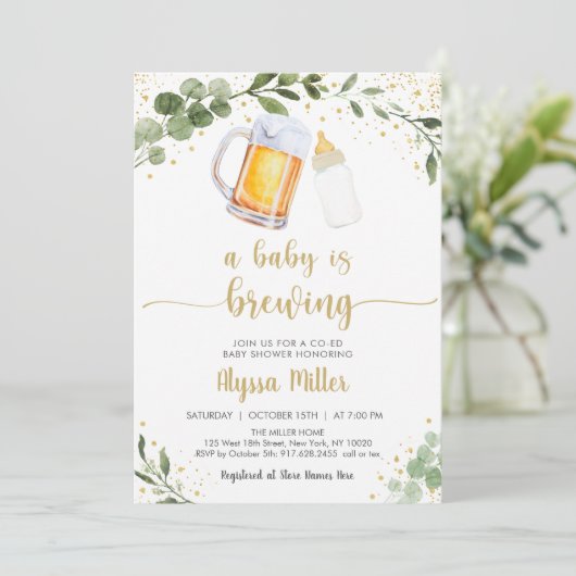 ベビーが緑の金ゴールドの赤ちゃんシャワーを醸造している 招待状 (スタンド正面)