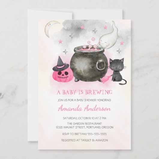 ベビーが醸造している |かわいいハロウィーンの女の子の赤ちゃんシャワー 招待状 (正面)