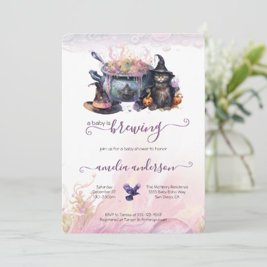 ベビーが醸造している |かわいいハロウィーンの赤ちゃんシャワー 招待状 (スタンド正面)